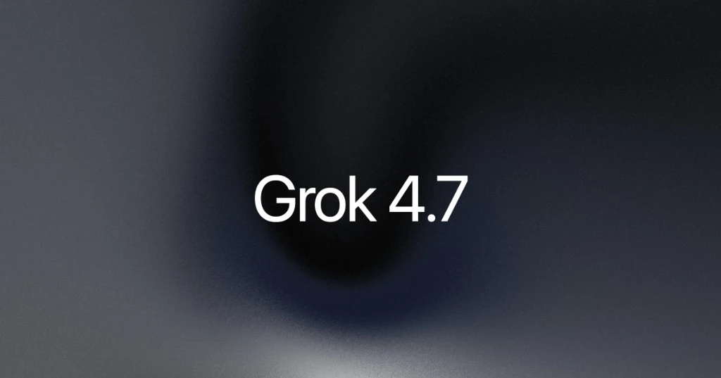 Activo oficial del lanzamiento de Grok 4.7: wordmark "Grok 4.7" en blanco sobre fondo oscuro con el haz de luz característico de xAI